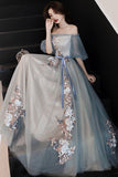 solvbao Gray Tulle Lace Long Prom Dresses, Cute A-Line Evening Dresses