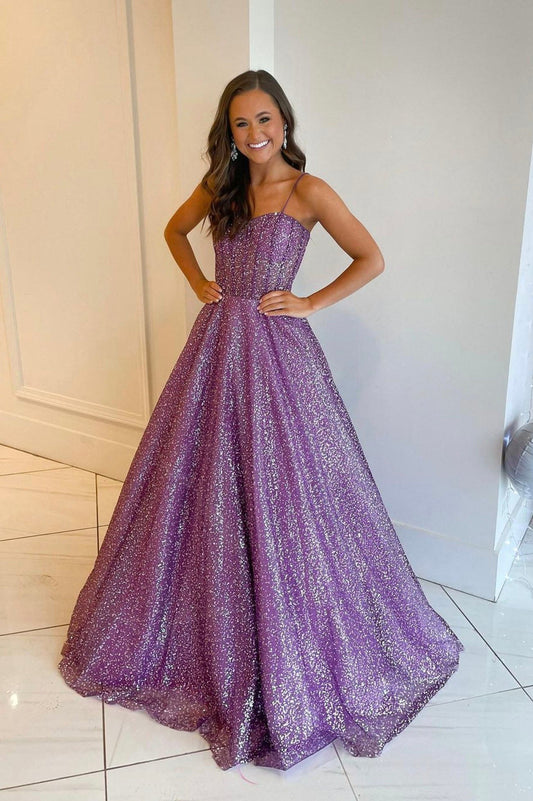 solvbao Purple Spaghetti Strap Sequins Long Prom Dress, A-Line Party Dress