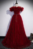 solvbao Burgundy Tulle Long Prom Dresses, A-Line Off the Shoulder Evening Party Dresses