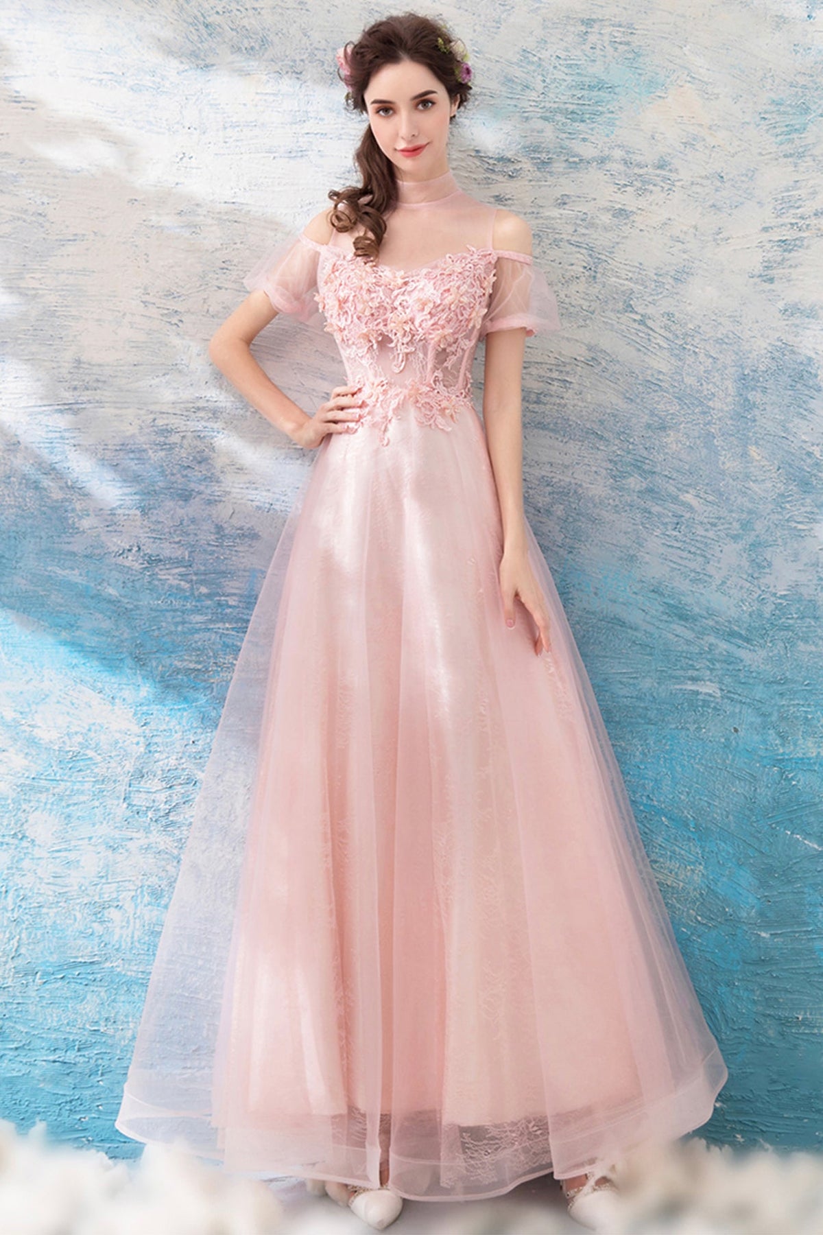 solvbao Pink Lace Long A-Line Prom Dresses, Lovely Pink Evening Dresses