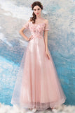 solvbao Pink Lace Long A-Line Prom Dresses, Lovely Pink Evening Dresses