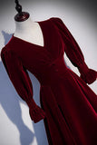 solvbao Burgundy Velvet Long Prom Dresses, A-Line Long Sleeve Evening Dresses