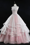 solvbao Pink Tulle Lace Sweet 16 Dresses, Long Quinceanera Dresses