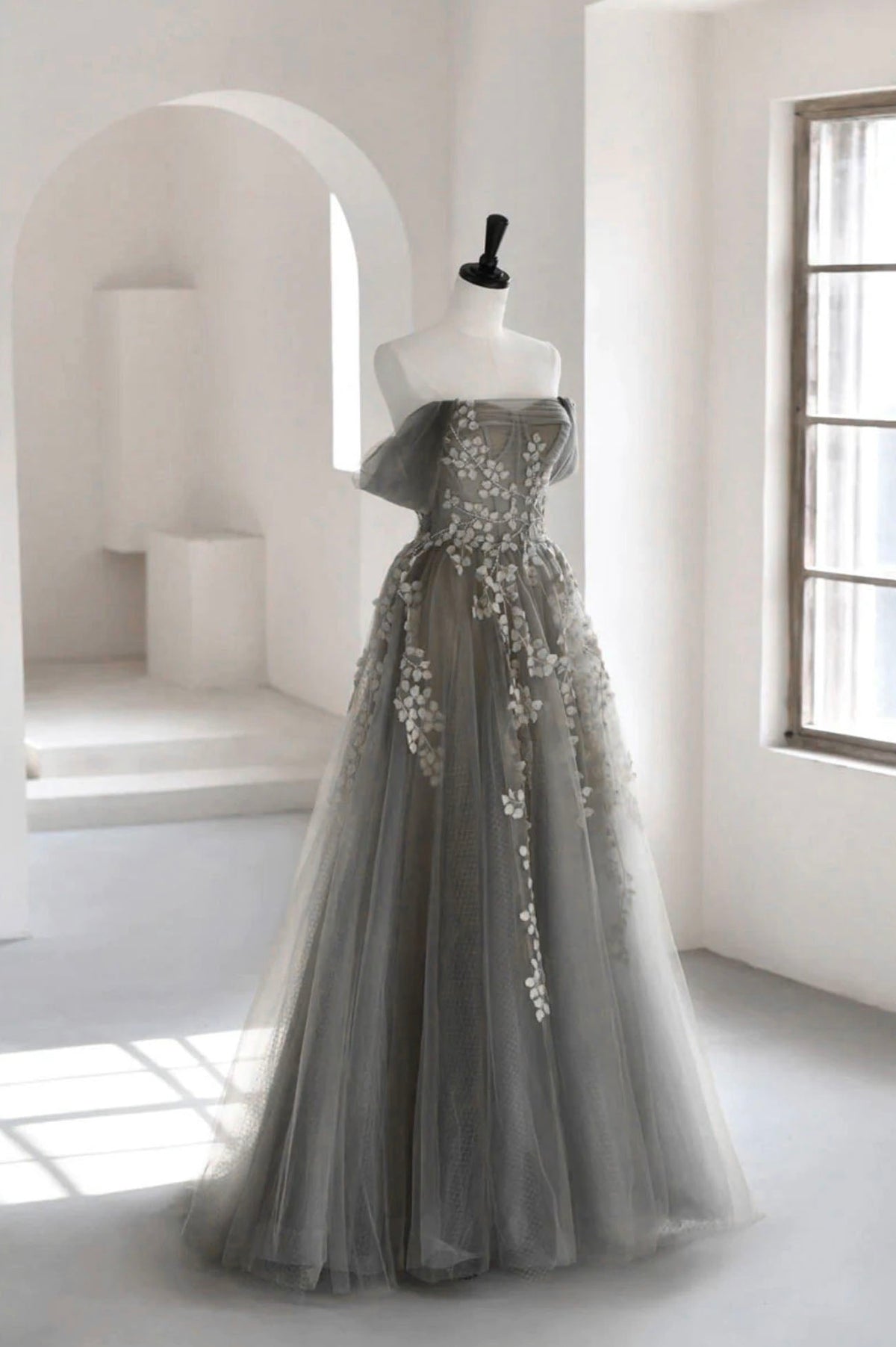 solvbao Gray Tulle Lace Long Prom Dress, A-Line Off the Shoulder Evening Dress