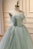 solvbao Green Tulle Beaded Ball Gown Off Shoulder Party Dress, Green Sweet 16 Dress