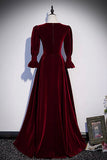 solvbao Burgundy Velvet Long Prom Dresses, A-Line Long Sleeve Evening Dresses