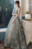 solvbao Gray V-Neck Tulle Sequins long Prom Dress, A-Line Evening Dress