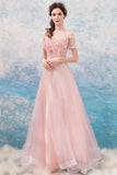 solvbao Pink Lace Long A-Line Prom Dresses, Lovely Pink Evening Dresses