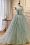 solvbao Green Tulle Beaded Ball Gown Off Shoulder Party Dress, Green Sweet 16 Dress