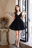 solvbao Black Tulle Short A-Line Prom Dress, Black Evening Party Dress