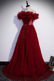 solvbao Burgundy Tulle Long Prom Dresses, A-Line Off the Shoulder Evening Party Dresses