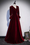 solvbao Burgundy Velvet Long Prom Dresses, A-Line Long Sleeve Evening Dresses