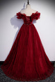 solvbao Burgundy Tulle Long Prom Dresses, A-Line Off the Shoulder Evening Party Dresses