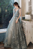 solvbao Gray V-Neck Tulle Sequins long Prom Dress, A-Line Evening Dress