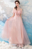 solvbao Pink Lace Long A-Line Prom Dresses, Lovely Pink Evening Dresses