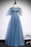 solvbao Blue Tulle Beading Long Prom Dresses, A-Line Evening Party Dresses