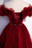 solvbao Burgundy Tulle Long Prom Dresses, A-Line Off the Shoulder Evening Party Dresses