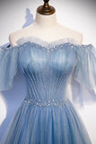 solvbao Blue Tulle Beading Long Prom Dresses, A-Line Evening Party Dresses