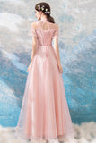 solvbao Pink Lace Long A-Line Prom Dresses, Lovely Pink Evening Dresses