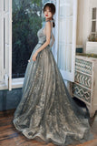 solvbao Gray V-Neck Tulle Sequins long Prom Dress, A-Line Evening Dress