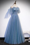 solvbao Blue Tulle Beading Long Prom Dresses, A-Line Evening Party Dresses