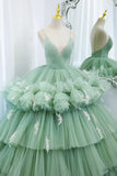 solvbao Green V-Neck Layers Tulle Long Ball Gown, A-Line Formal Gown