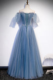 solvbao Blue Tulle Beading Long Prom Dresses, A-Line Evening Party Dresses