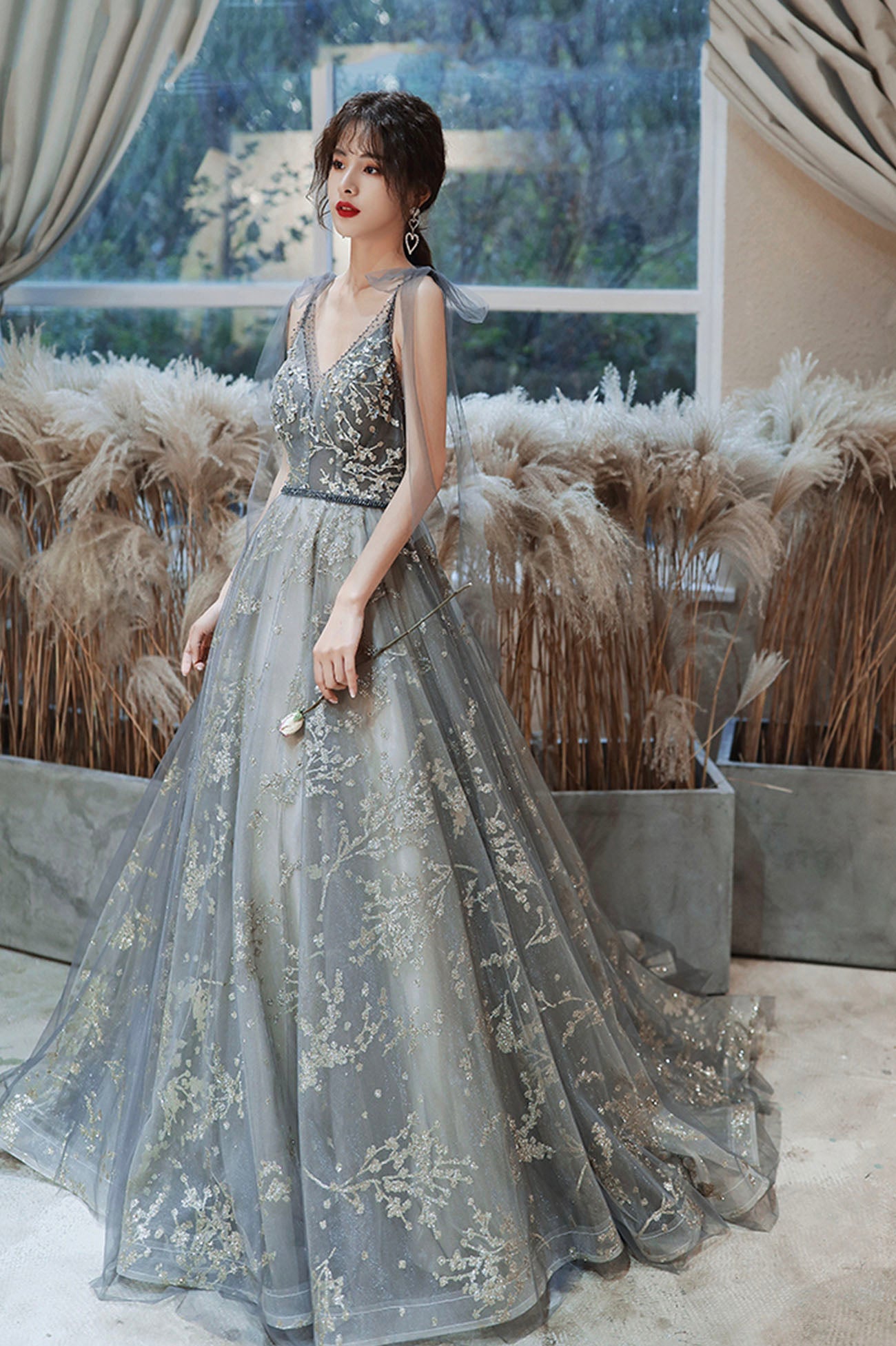 solvbao Gray V-Neck Tulle Sequins long Prom Dress, A-Line Evening Dress