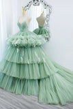 solvbao Green V-Neck Layers Tulle Long Ball Gown, A-Line Formal Gown