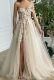 solvbao Champagne Tulle Lace Long Prom Dresses, A-Line Evening Dresses with Applique