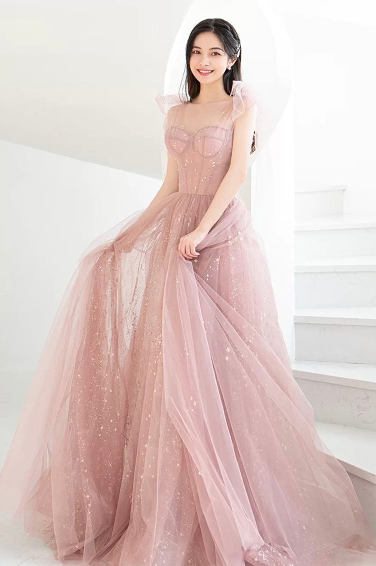 solvbao Pink Tulle Long A-Line Prom Dresses, Pink Evening Dresses