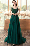 solvbao Green V-Neck Lace Long Prom Dresses, A-Line Evening Dresses