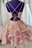 solvbao Pink V-Neck Tulle Short Prom Dresses, A-Line Mini Party Dresses