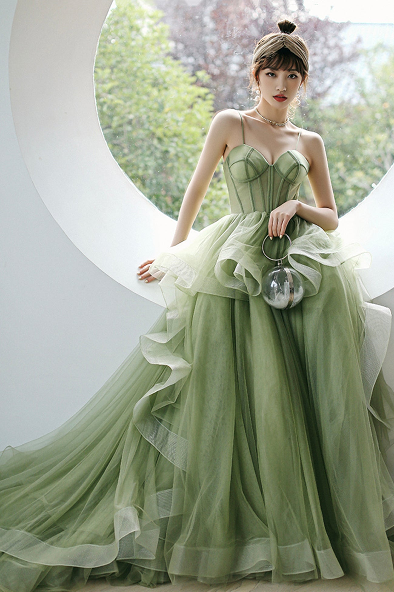 solvbao Green Tulle Long A-Line Evening Dress, Green Spaghetti Straps Prom Dress