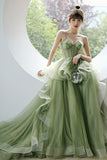 solvbao Green Tulle Long A-Line Evening Dress, Green Spaghetti Straps Prom Dress