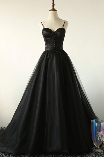 solvbao Black A-Line Spaghetti Strap Long Prom Dresses, Black Evening Dresses