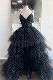 solvbao Black V-Neck Tulle Long Prom Dresses, High Low Evening Party Dresses