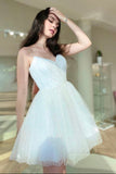 solvbao White Spaghetti Strap Tulle Short Prom Dress, Cute A-Line Homecoming Dress