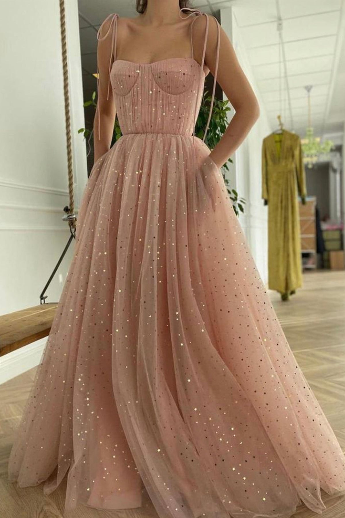 solvbao Pink Spaghetti Strap Long Prom Dresses, A-Line Evening Party Dresses