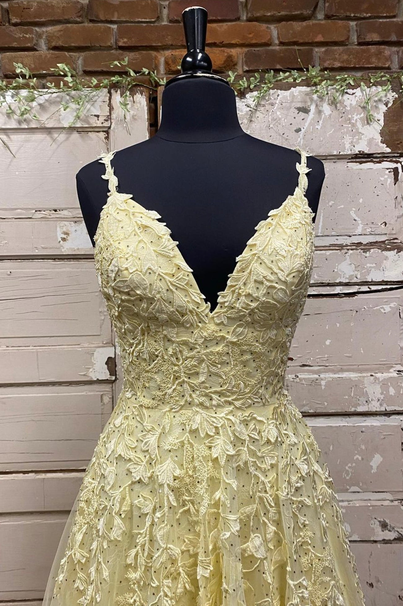 solvbao Yellow V-Neck Lace Long Prom Dress, A-Line Evening Dress