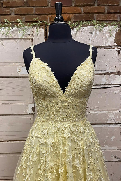 solvbao Yellow V-Neck Lace Long Prom Dress, A-Line Evening Dress