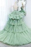 solvbao Green V-Neck Layers Tulle Long Ball Gown, A-Line Formal Gown