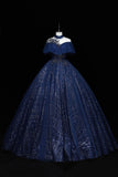 solvbao Blue Tulle Sequins Long Ball Gown, Elegant A-Line Formal Gown