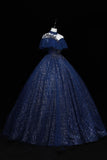 solvbao Blue Tulle Sequins Long Ball Gown, Elegant A-Line Formal Gown