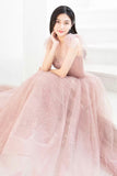 solvbao Pink Tulle Long A-Line Prom Dresses, Pink Evening Dresses