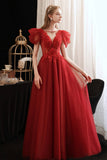 solvbao Burgundy Tulle Sequins Long Prom Dress, A-Line Evening Party Dress