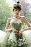 solvbao Green Tulle Long A-Line Evening Dress, Green Spaghetti Straps Prom Dress