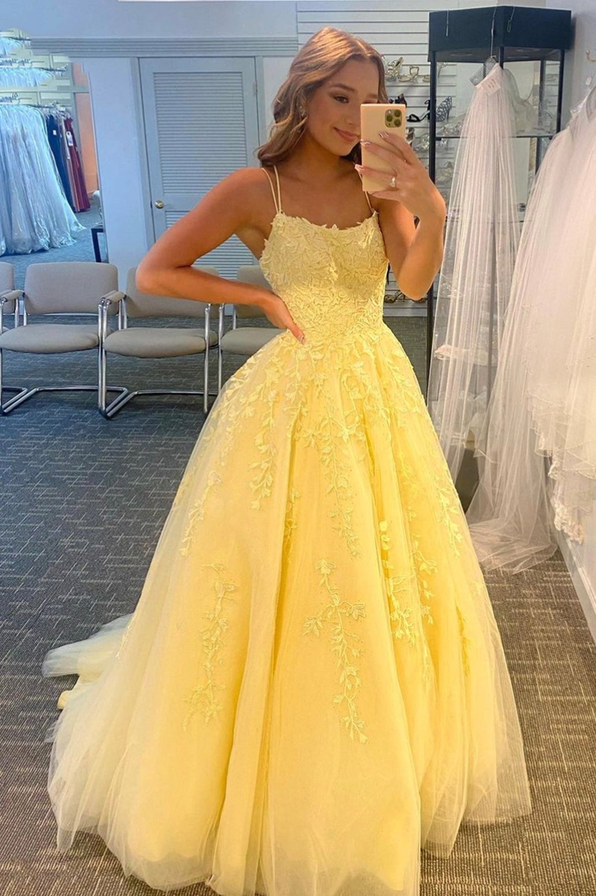 solvbao Yellow Lace Long A-Line Prom Dresses, Yellow Backless Evening Dresses