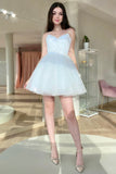 solvbao White Spaghetti Strap Tulle Short Prom Dress, Cute A-Line Homecoming Dress