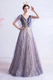 solvbao Purple V-Neck Tulle Sequins Long Prom Dresses, A-Line Evening Dresses